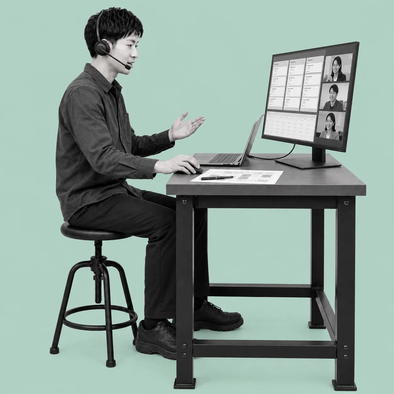 タスクと日程を画面共有し、オンラインで案件の打ち合わせをする参加者のイメージ